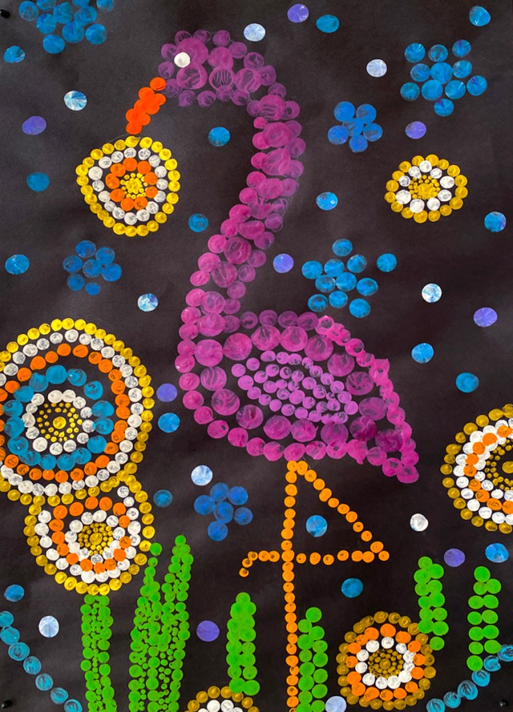 5th grade student's Aboriginal-style Dot Painting of a flamingo among vivid patterns.