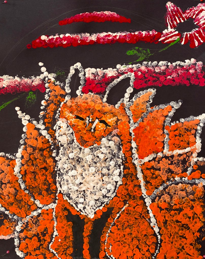 5th grade student's Aboriginal-style Dot Painting of a fox in warm colors.