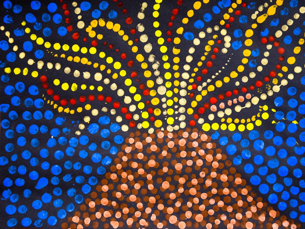 5th grade student's Aboriginal-style Dot Painting of a volcano in vivid colors.