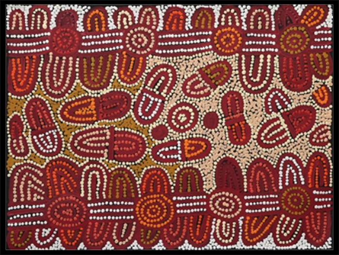 An authentic Aboriginal dot painting in ochres, oranges, reds, whites and browns, and using Aboriginal symbols for people and waterholes.