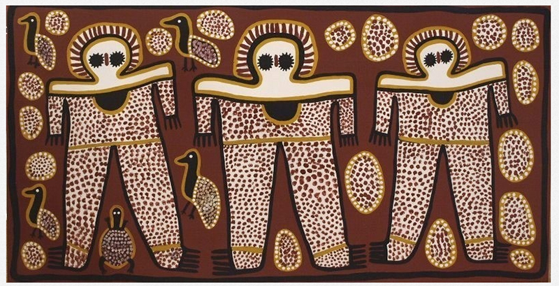 An authentic Aboriginal dot painting in ochres, whites and browns, and described as Wandjina spirit beings come from the Kimberley aborigine.
