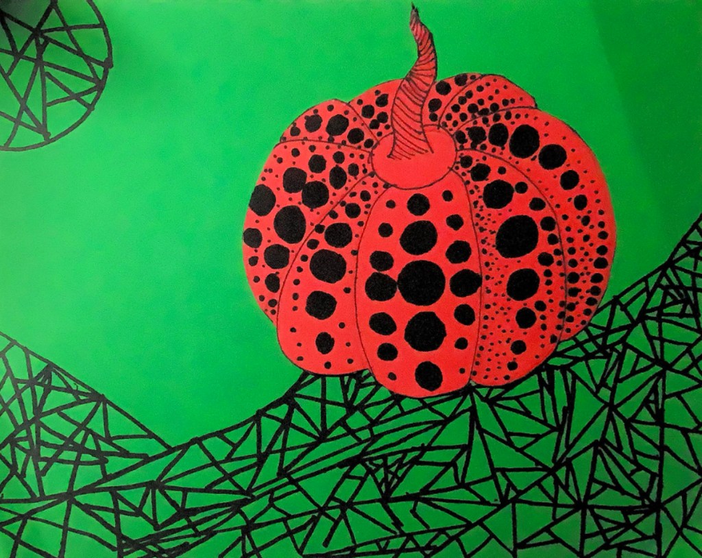 An example of a 5th grade student's Yayoi Kusama style polka-dot pumpkin on a vibrant, patterned background.