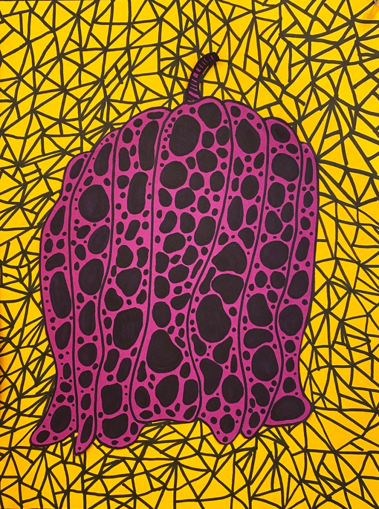 An example of a 5th grade student's Yayoi Kusama style polka-dot pumpkin on a vibrant, patterned background.