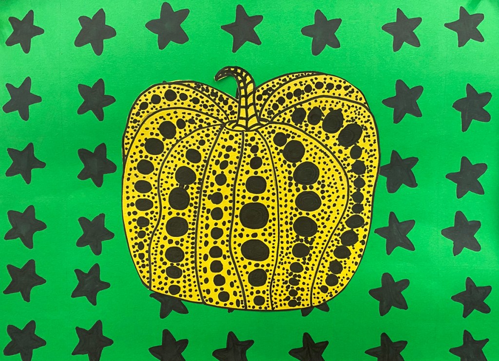 An example of a 5th grade student's Yayoi Kusama style polka-dot pumpkin on a vibrant, patterned background.