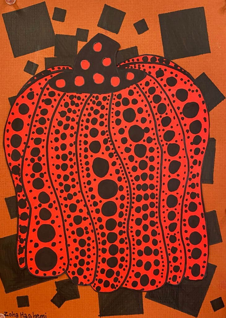 An example of a 5th grade student's Yayoi Kusama style polka-dot pumpkin on a vibrant, patterned background.