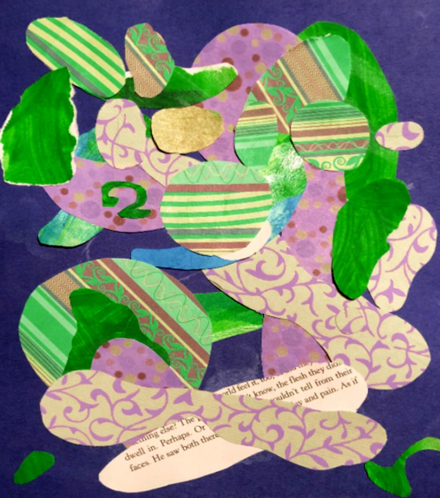 2nd grade student example of Matisse-Ray "style" Cut-out Collage with painted paper, books, magazines and other diverse stationary.