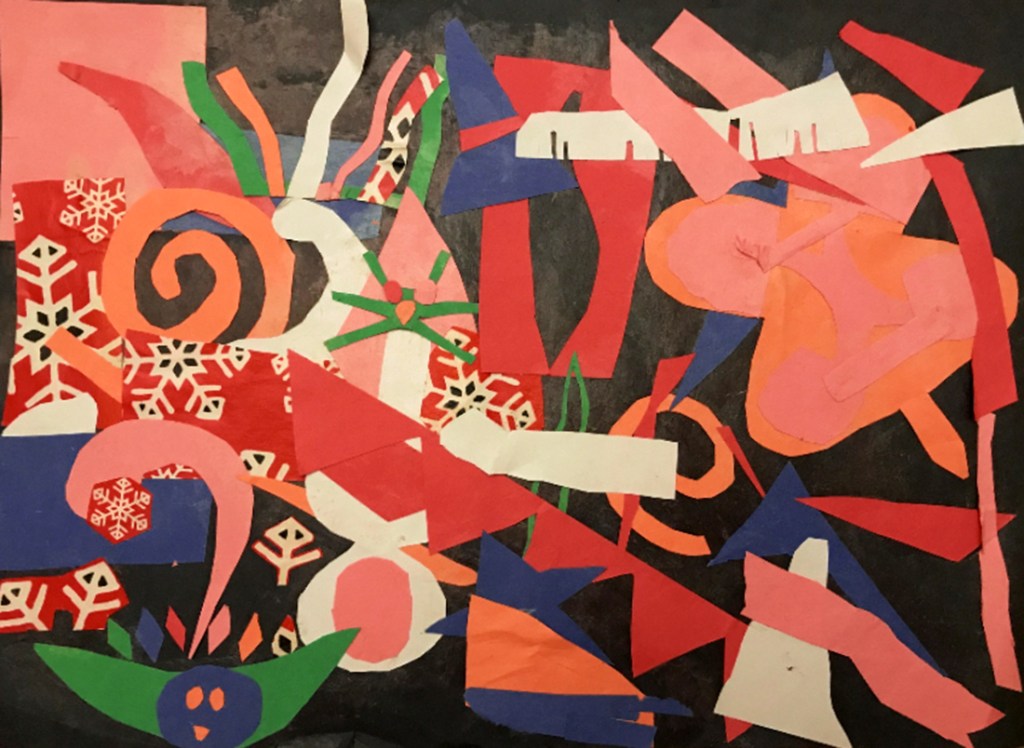 2nd grade student example of Matisse-Ray "style" Cut-out Collage with painted paper, books, magazines and other diverse stationary.