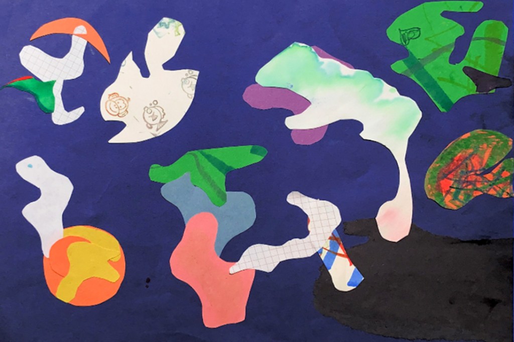 2nd grade student example of Matisse-Ray "style" Cut-out Collage with painted paper, books, magazines and other diverse stationary.