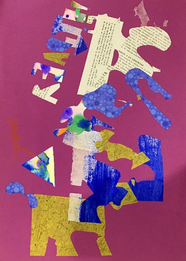 2nd grade student example of Matisse-Ray "style" Cut-out Collage with painted paper, books, magazines and other diverse stationary.