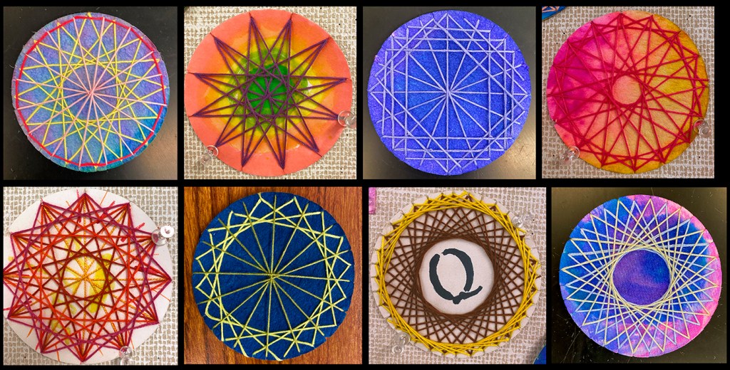 Eight very different and imaginative geometric string designs by 4th grade students, in a variety of colors and patterns