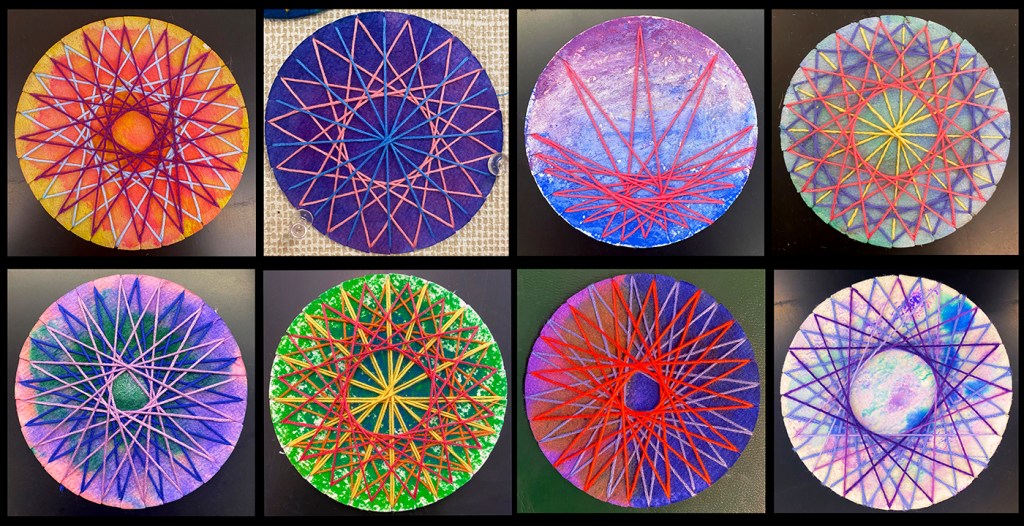Eight diverse geometric string designs by 4th grade students