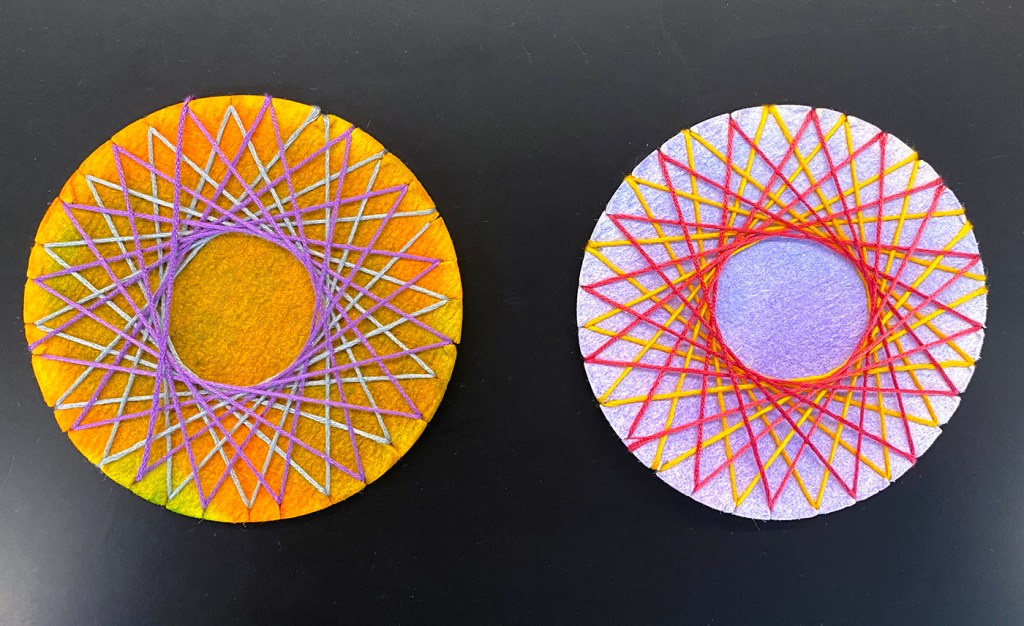Two 4th grade student examples demonstrating the first basic pattern we start with before students then elaborate on the project with other designs