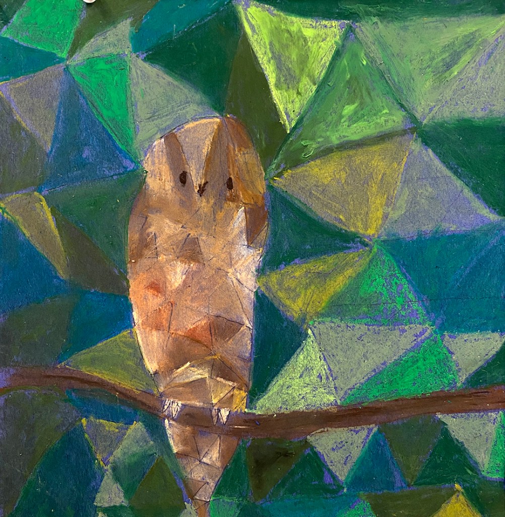 5th grade student's Franz Marc-inspired animal composition. I like how this student uses triangle shapes to suggest a canopy of leaves, and the textured feathers of the owl.