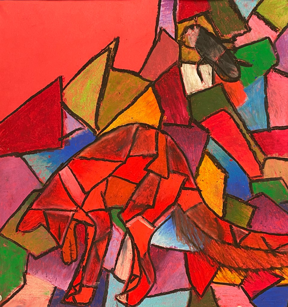 5th grade student's Franz Marc-inspired animal composition. I like the captured motion of the fox--the student mentioned this is the pose of foxes hunting animals that live underground. Reminds of the movement expressed by Marc's Three Cats.