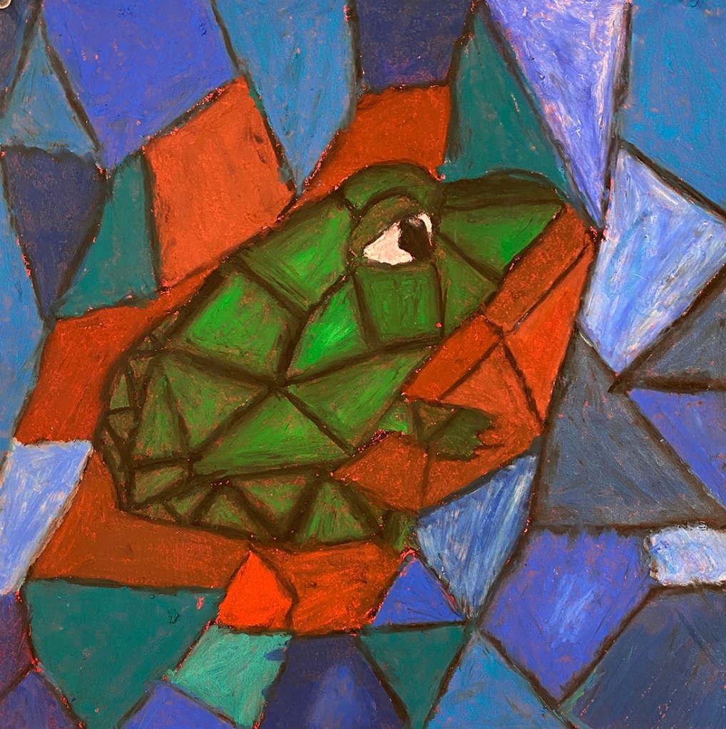 5th grade student's Franz Marc-inspired animal composition. The layering and burnishing of the frog give it a glowing, luminous quality.