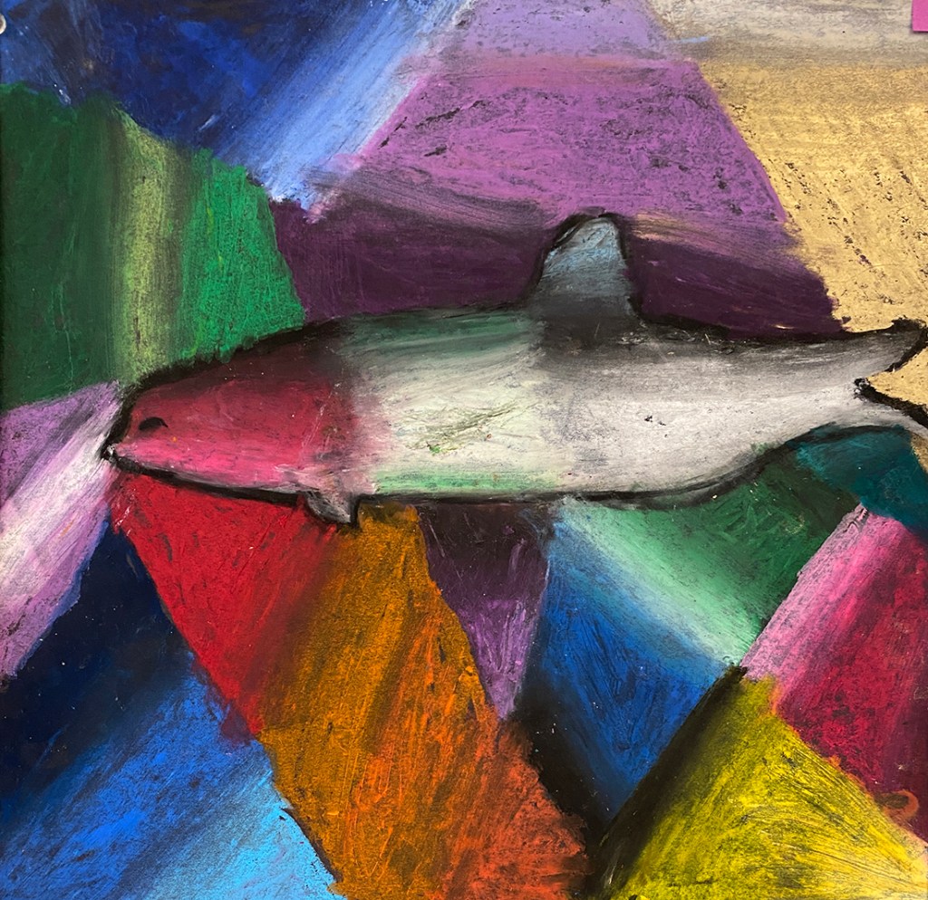 5th grade student's Franz Marc-inspired animal composition. The layering and burnishing here reminds me of Deer in a Monastery Garden.