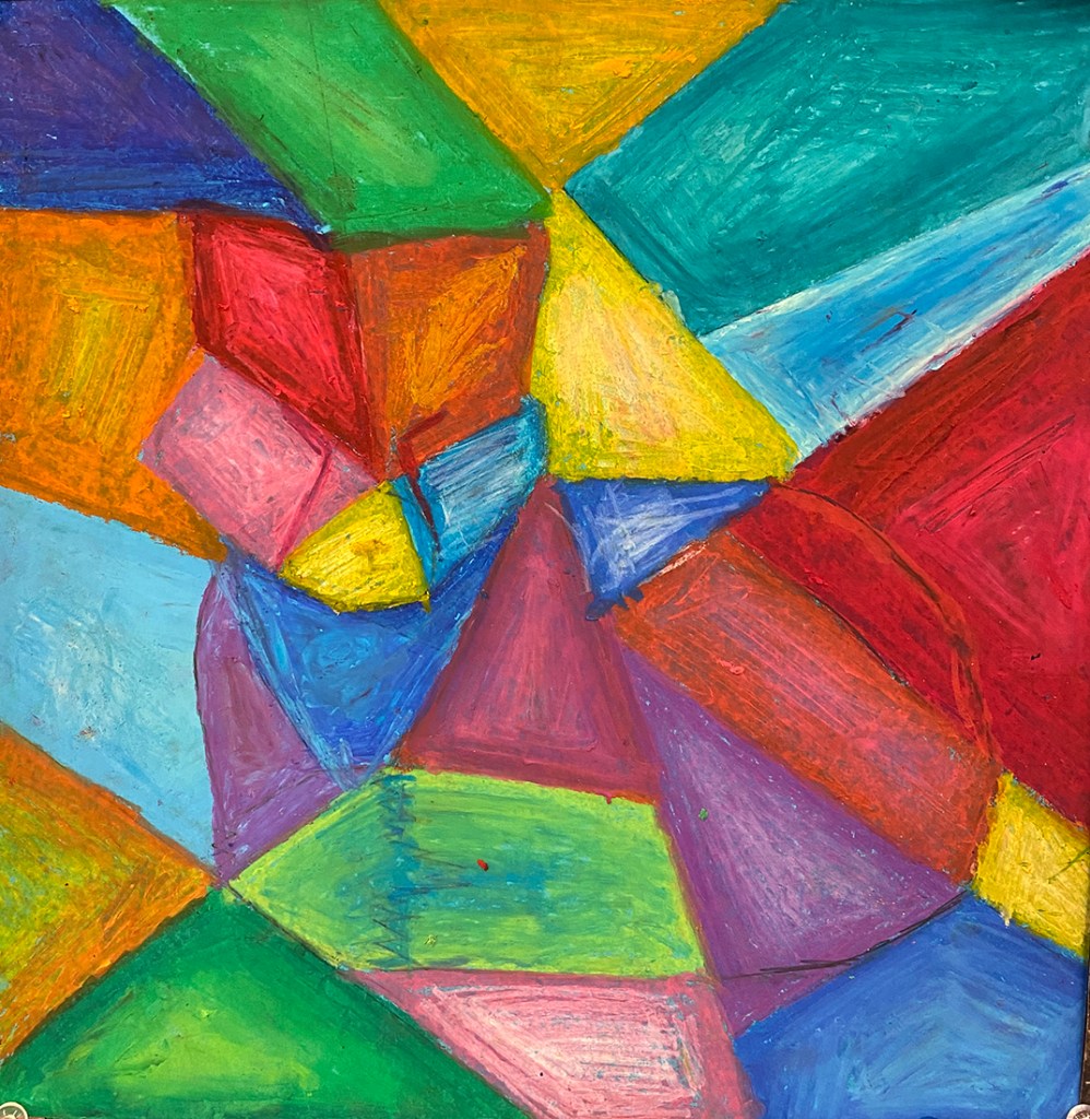 5th grade student's Franz Marc-inspired animal composition. The student artist wanted the fox to be partially integrated with the background, as if an optical illusion.