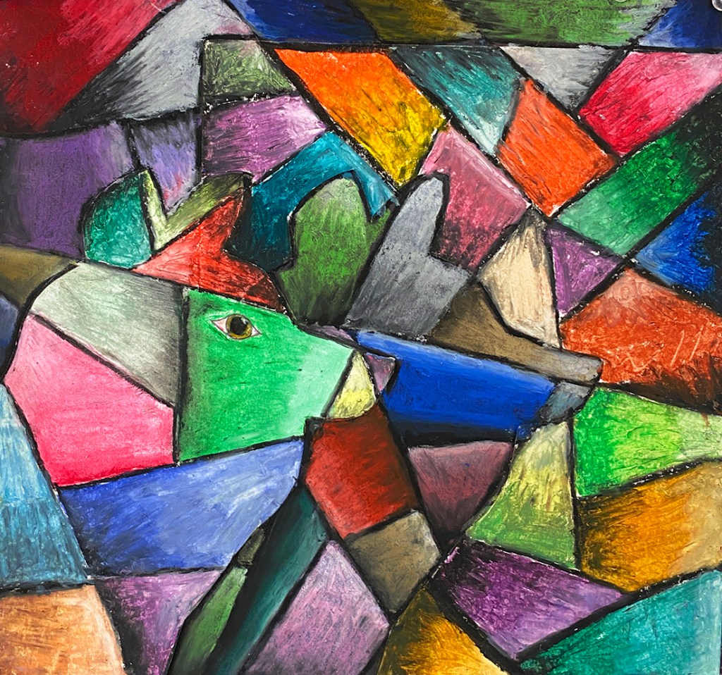 5th grade student's Franz Marc-inspired animal composition. Great use of layering and burnishing, and really appreciate the kaleidoscope effect.