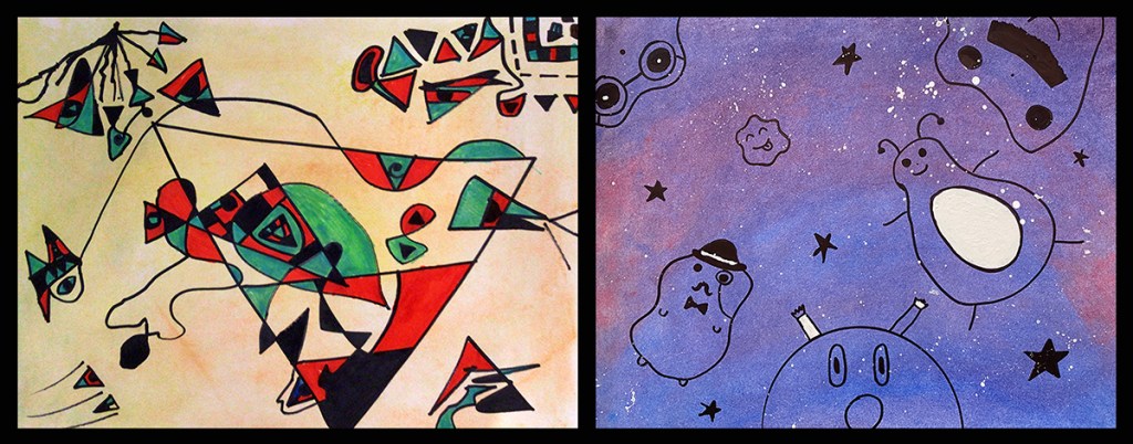 Two 6th grade students' Joan Miró inspired designs in chalk pastel and sharpie marker