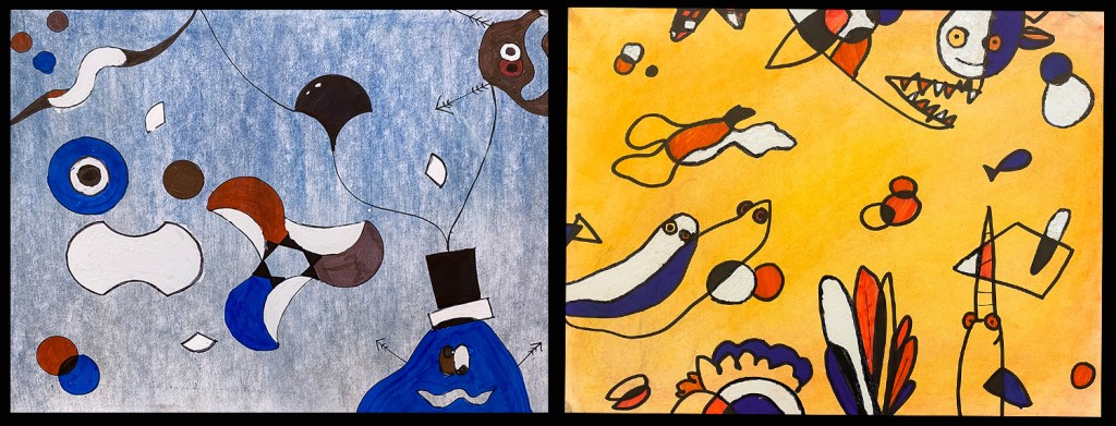 Two 6th grade students' Joan Miró inspired designs in chalk pastel and sharpie marker