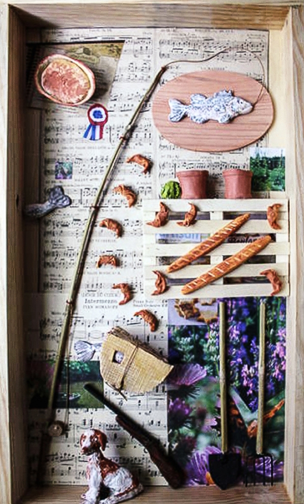 7th Grade Student's Cornell-Style Memory Box. This one contains a dog figurine, a toy fishing rod and fish, a toy hunting rifle, miniature clay food.