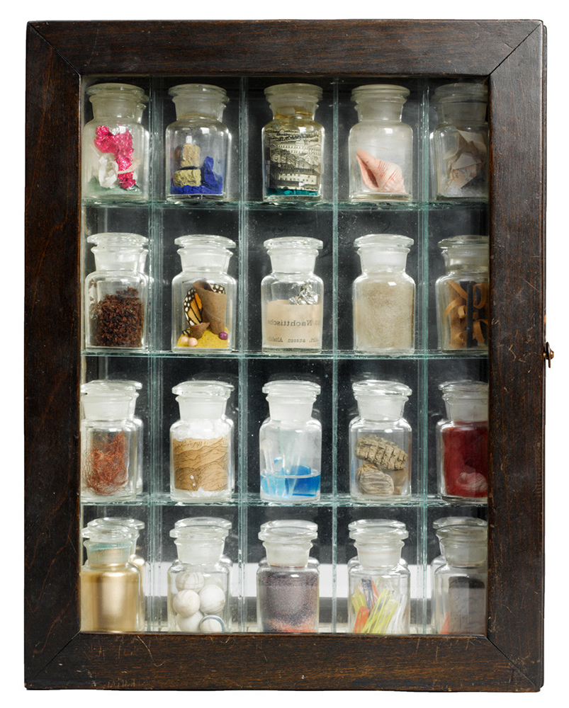 One of Joseph Cornell's memory boxes, titled Pharmacy. This one contains little apothecary jars with various little found objects inside.