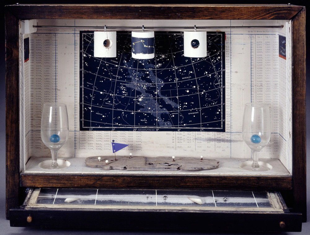One of Joseph Cornell's found object assemblages, also known as memory boxes, titled Celestial Navigation and made in 1956.