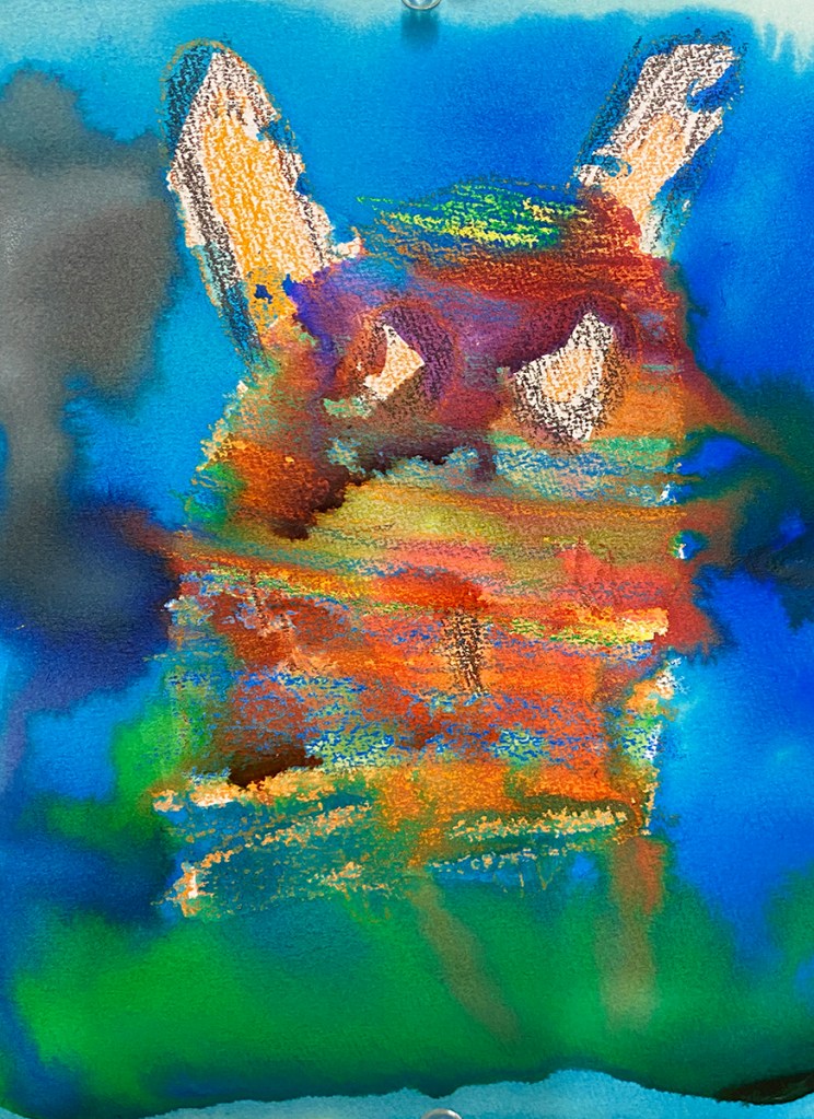 Kindergarten watercolor & crayon resist, finished composition. This shows some kind of striped, big-eared creature in many colors, set against a blue and green background