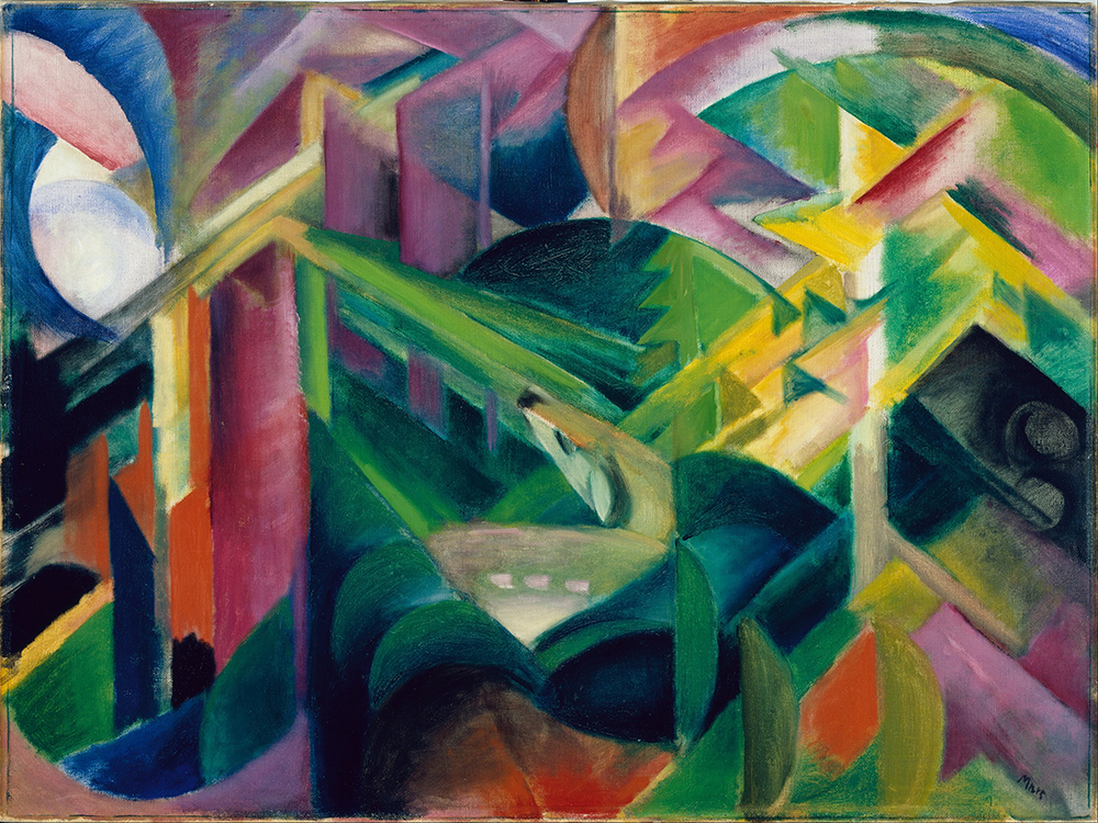 Deer in a Monastery Garden, 1912, Franz Marc. A very abstracted painting of a deer surrounded by a garden