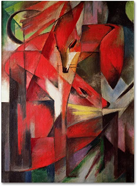 The First Animals, Franz Marc, 1913. An abstracted, kaleidoscopic painting of two red foxes. 