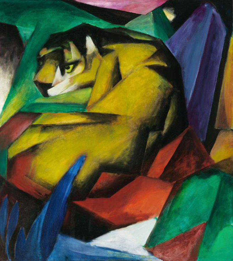 Tiger, Franz Marc, 1912. Painting of a tiger with an abstracted, multicolored background