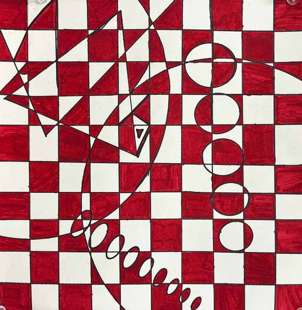 Optical illusion art by a 3rd grade student that features geometric shapes over a checkerboard-style grid, in red and white.