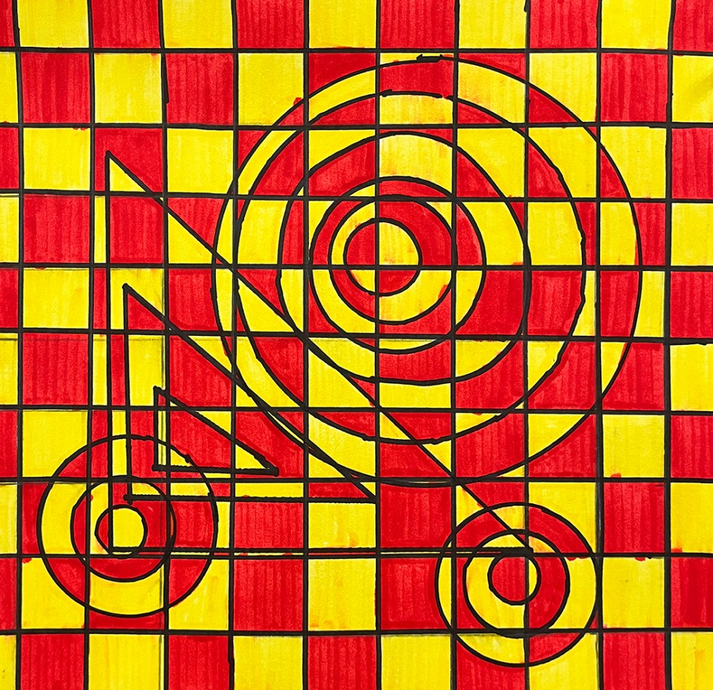 Optical illusion art by a 3rd grade student that features geometric shapes over a checkerboard-style grid, in red and yellow.