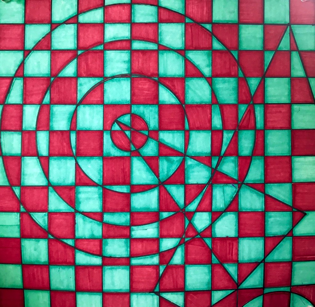 Optical illusion art by a 3rd grade student that features geometric shapes over a checkerboard-style grid, in turquoise and magenta.