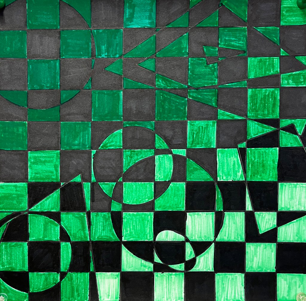 Optical illusion art by a 3rd grade student that features geometric shapes over a checkerboard-style grid, in black and ombre shades of green.