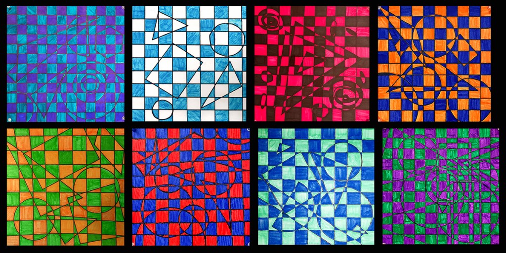 Eight examples of optical illusion art by a 3rd grade students that each feature geometric shapes over a checkerboard-style grid, in two colors each.