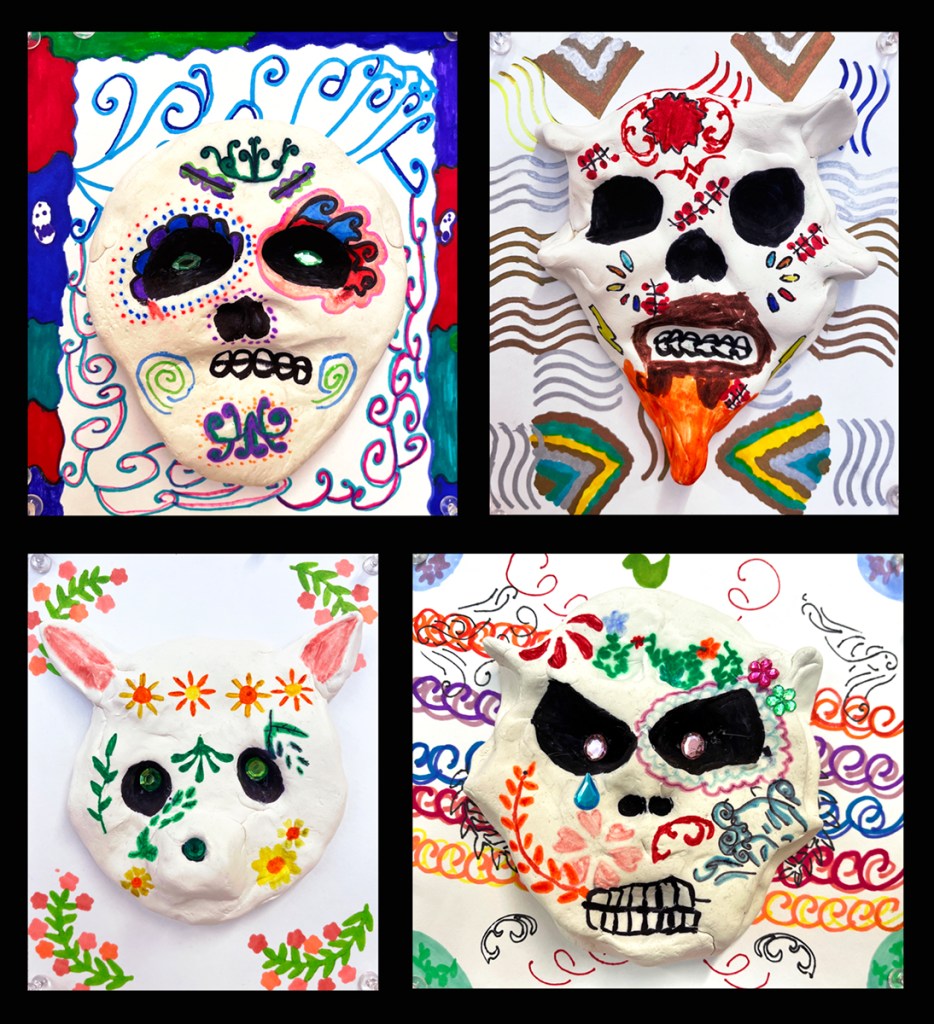 4th grade calaveras- Dia de los Muertos "sugar" skulls made out of model magic clay and decorated in multicolors of markers and sharpies, as well as plastic "gems", and placed on a decorative background in various designs and patterns, also made by the students