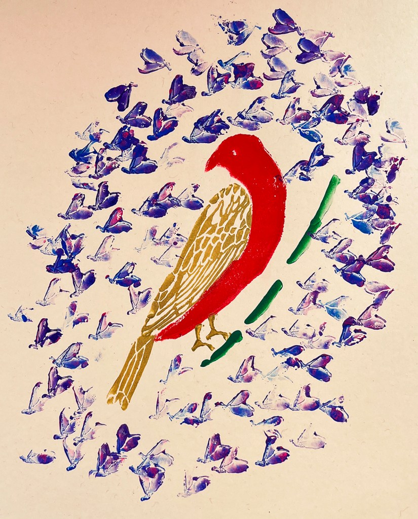 An 8th grade student's linoleum block print. This print of a bird on a branch surrounded by blossoms is made up of multiple pieces of linoleum block.