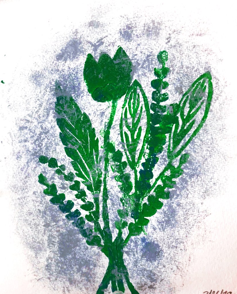 An 8th grade student's linoleum block print. This is a green and purple painted print of a bouquet of flowers.