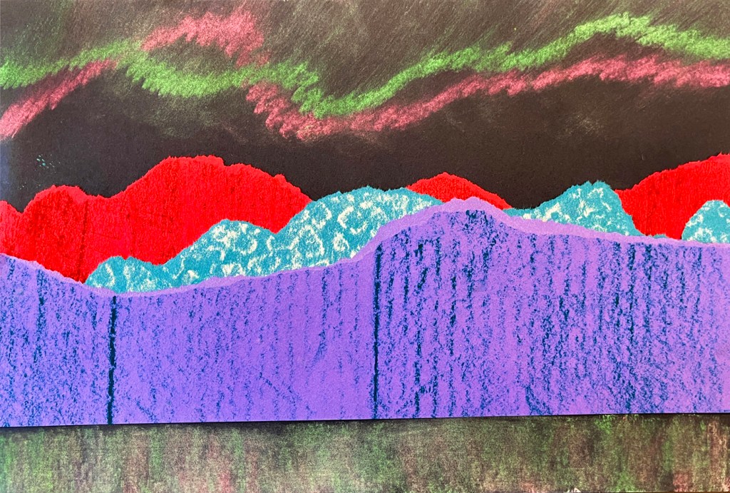 An example of a northern lights landscape by a second grade student. This example has deliberately torn paper in turquoise, red and purple colors, with texture plates used to rub different textures in oil pastel to give the illusion of textured hills and mountains. The lights above are swirled in pink and green, with those same colors more softly expressed in the reflection of the lake below.