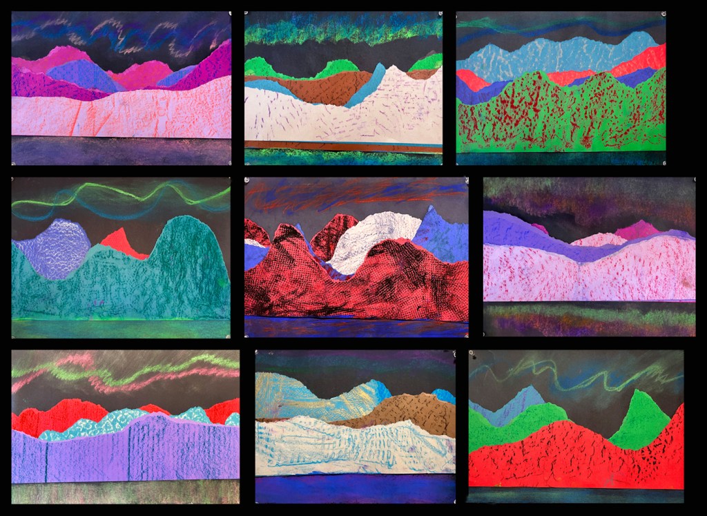 Nine 2nd grade student examples of the Northern Lights landscape, emphasizing texture, with chalk, and stenciled, roughly torn paper