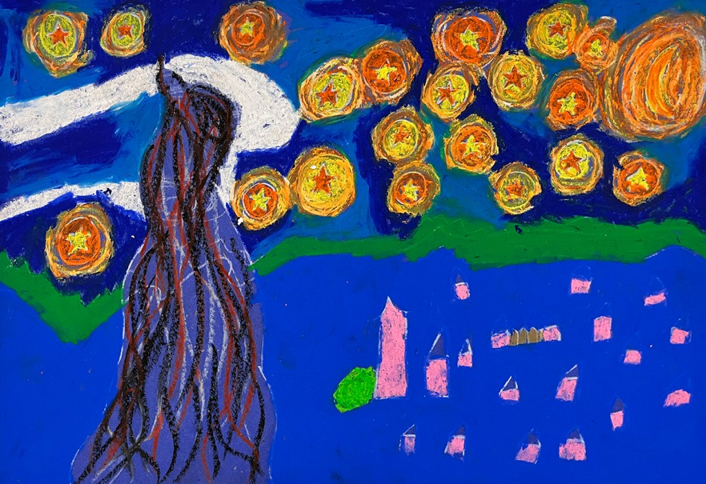 An example of a first grade student's recreation of Vincent van Gogh's Starry Night painting.