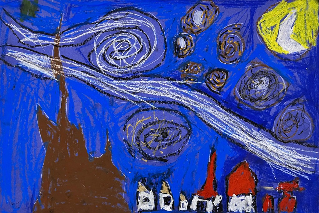 Another example of a first grade student's recreation of Vincent van Gogh's Starry Night in oil pastel