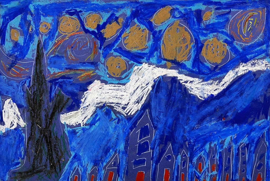 Another example of a first grade student's recreation of Vincent van Gogh's Starry Night in oil pastel