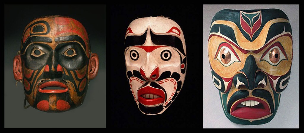 From l-r: Northwest Coast Tsimshian mask, cedar and paint, circa 1825; Kwakwaka'wakw, Willie Seaweed, Mask Representing a Speaker, 1930, yellow cedar and paint; from Nanaimo, British Columbia, cedar and paint, tribe unknown.