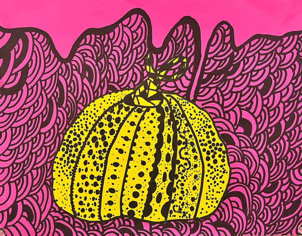 A 5th grade student's Yayoi Kusama-inspired pumpkin. A yellow polka-dotted pumpkin on a fuchsia background with black swirling patterns 