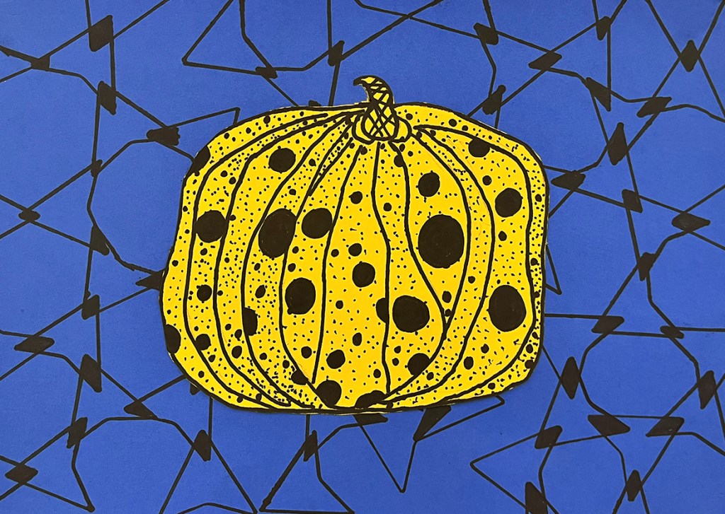A 5th grade student's Yayoi Kusama-inspired pumpkin. A yellow polka-dotted pumpkin on a dark blue background with overlapping triangular, black pattern