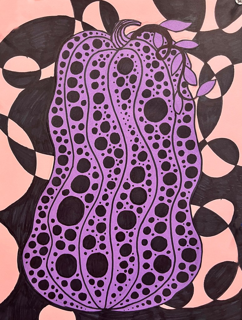 A 5th grade student's Yayoi Kusama-inspired pumpkin. A purple polka-dotted pumpkin on a pink background with overlapping circular, black pattern