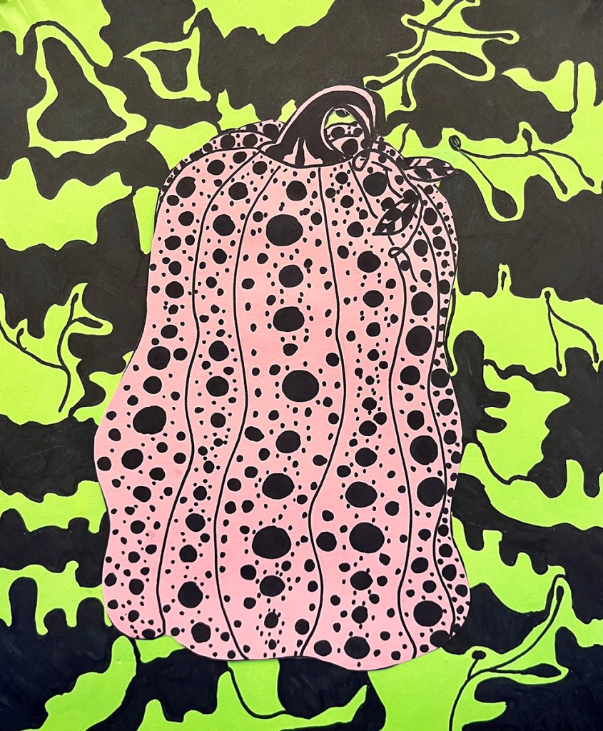 A 5th grade student's Yayoi Kusama-inspired pumpkin. A pink polka-dotted pumpkin on a light green background with a pattern of black abstract shapes