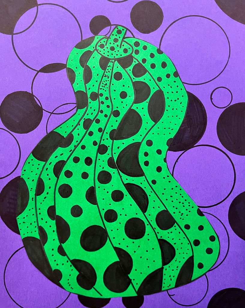 A 5th grade student's Yayoi Kusama-inspired pumpkin. A green polka-dotted pumpkin on a purple background with a pattern of black circles